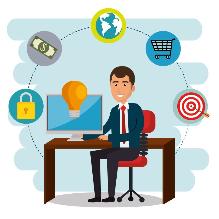 businessman in the office with e-mail marketing icons vector illustration design